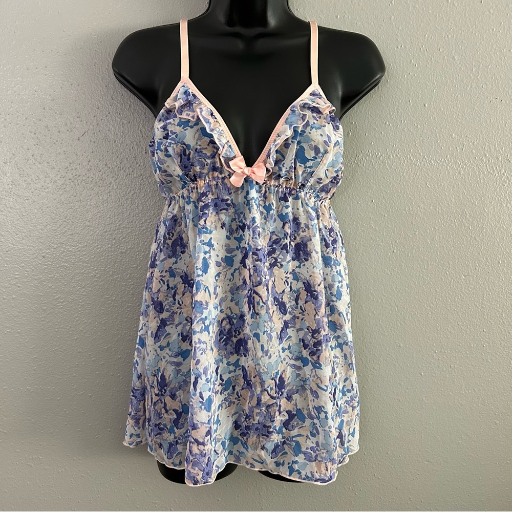 Passion Forever Babydoll Size M Pink Blue Purple Ruffle Bow Semi-Sheer Cute